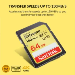 SanDisk Memory Card Extreme SDHC/SDXC SD Card 4K UHD 32GB 64GB 128GB C10 U3 V30 150MB/s (32GB: 90MB/s) UHS-I Flash Card 2