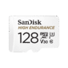 SanDisk High Endurance 128GB microSDXC memory card - front of card showing capacity label, dash cam and security camera microSD