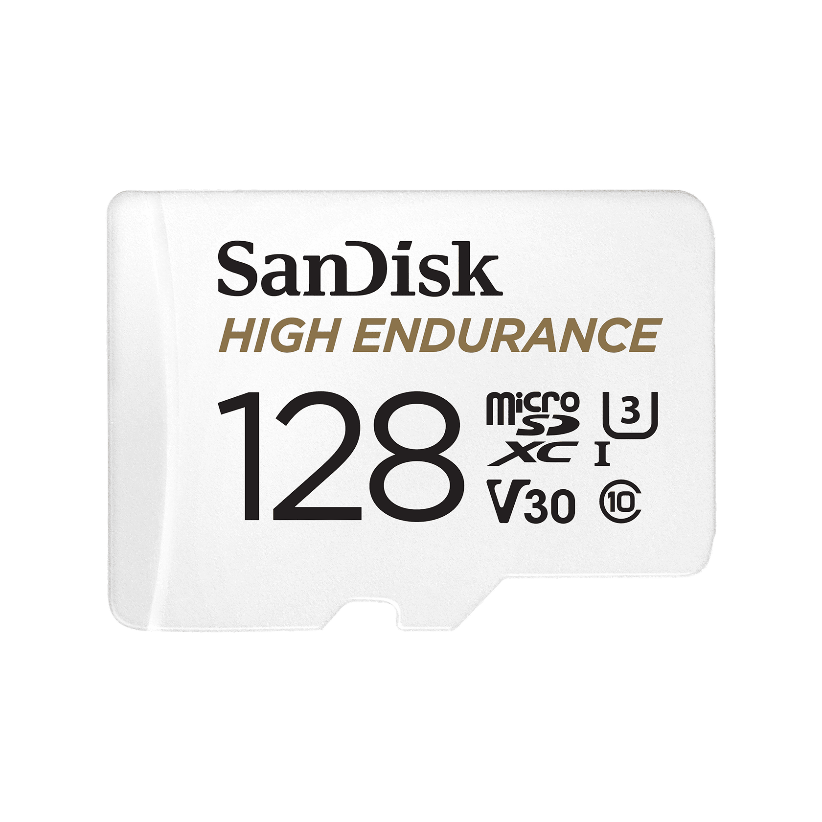 SanDisk High Endurance 128GB microSDXC memory card - front of card showing capacity label, dash cam and security camera microSD