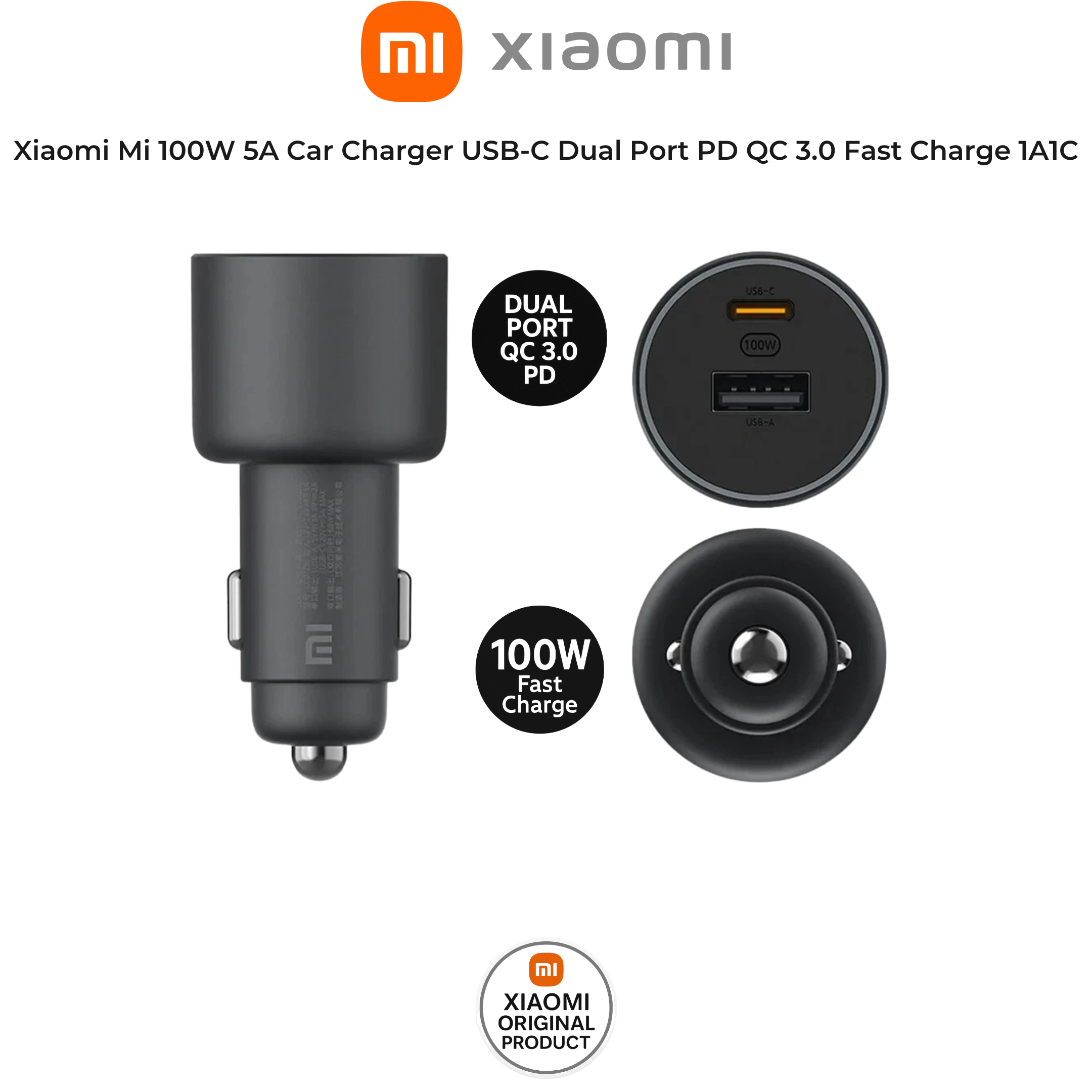 Genuine Xiaomi Mi 100W Car Charger – USB-C Dual Port PD & QC 3.0 Fast Charge Adapter 1A1C - Image 2