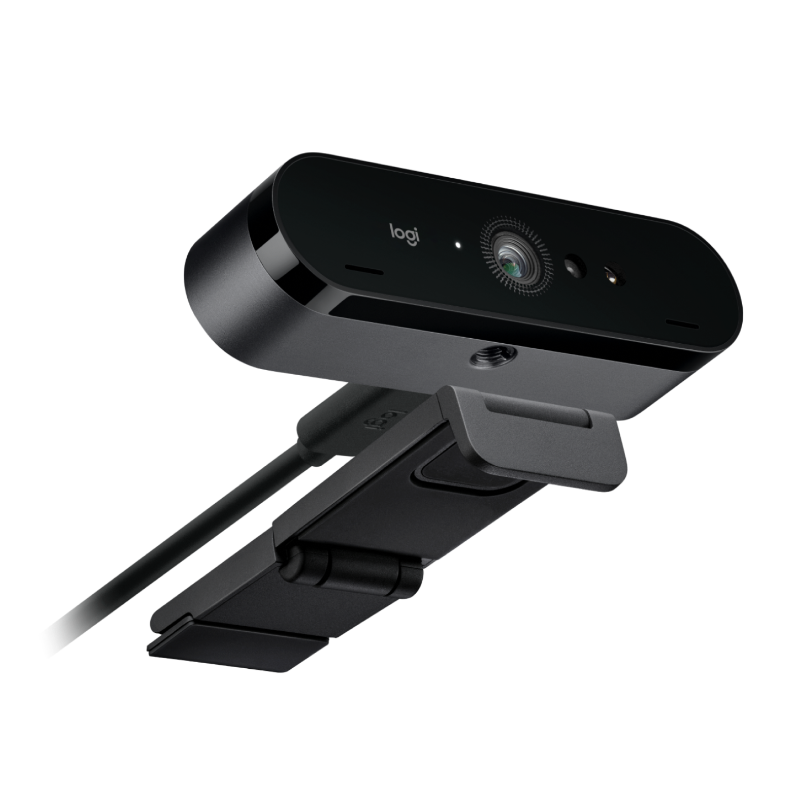 Logitech Brio 4K webcam Graphite angled view with cable attached