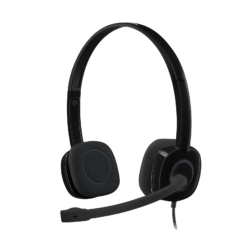 Logitech H151 stereo headset three-quarter front view with boom mic