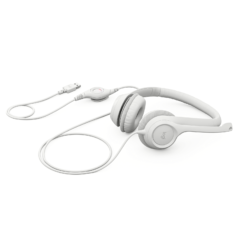 Logitech H390 USB Headset Off-White folded with cable and in-line controls