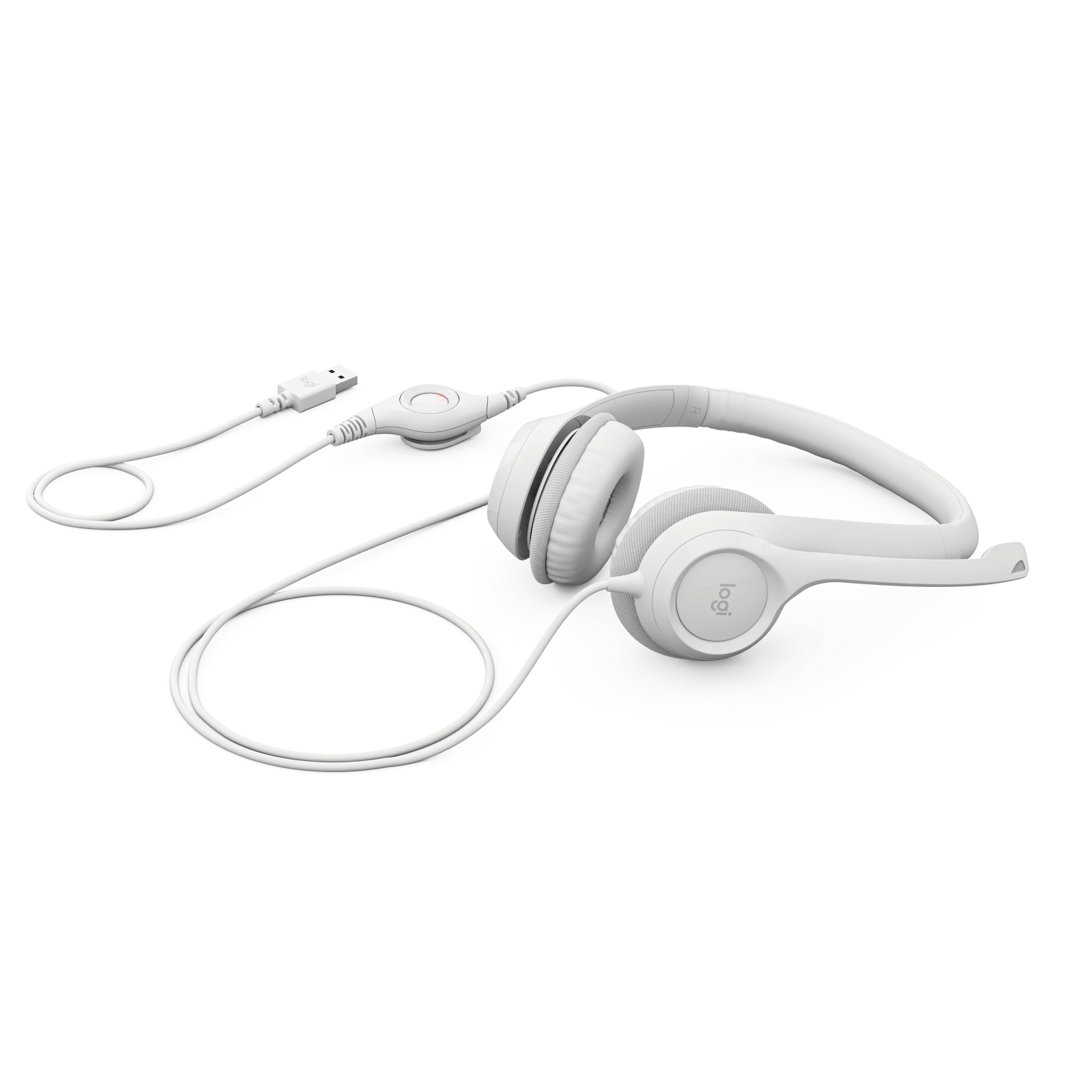Logitech H390 USB Headset Off-White folded with cable and in-line controls