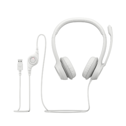 Logitech H390 USB Headset Off-White front view with in-line controls and USB-A plug