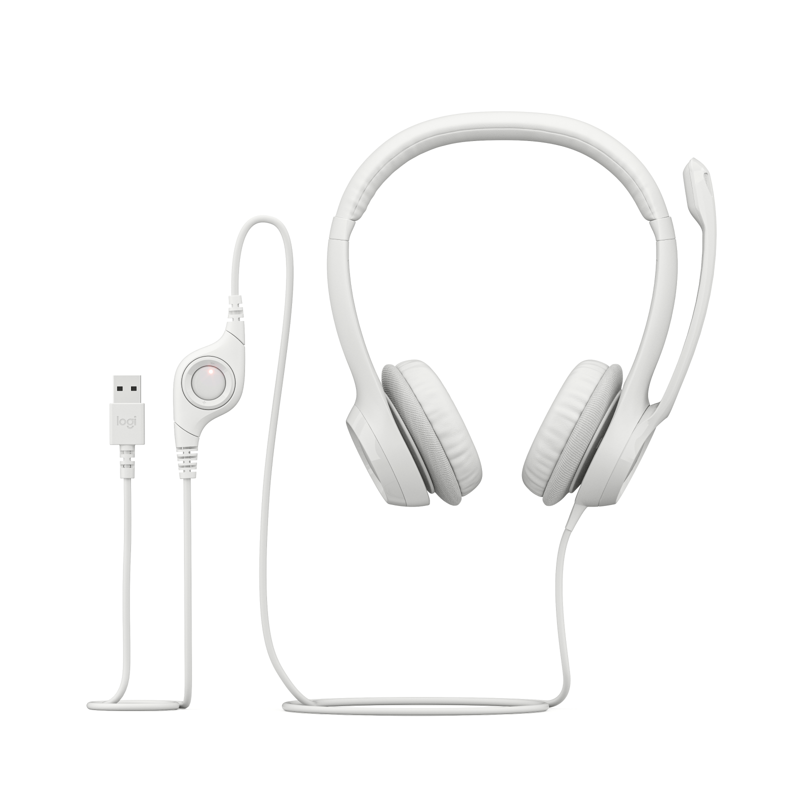 Logitech H390 USB Headset Off-White front view with in-line controls and USB-A plug