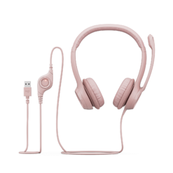 Logitech H390 USB Headset Rose front view with in-line controls and USB-A plug