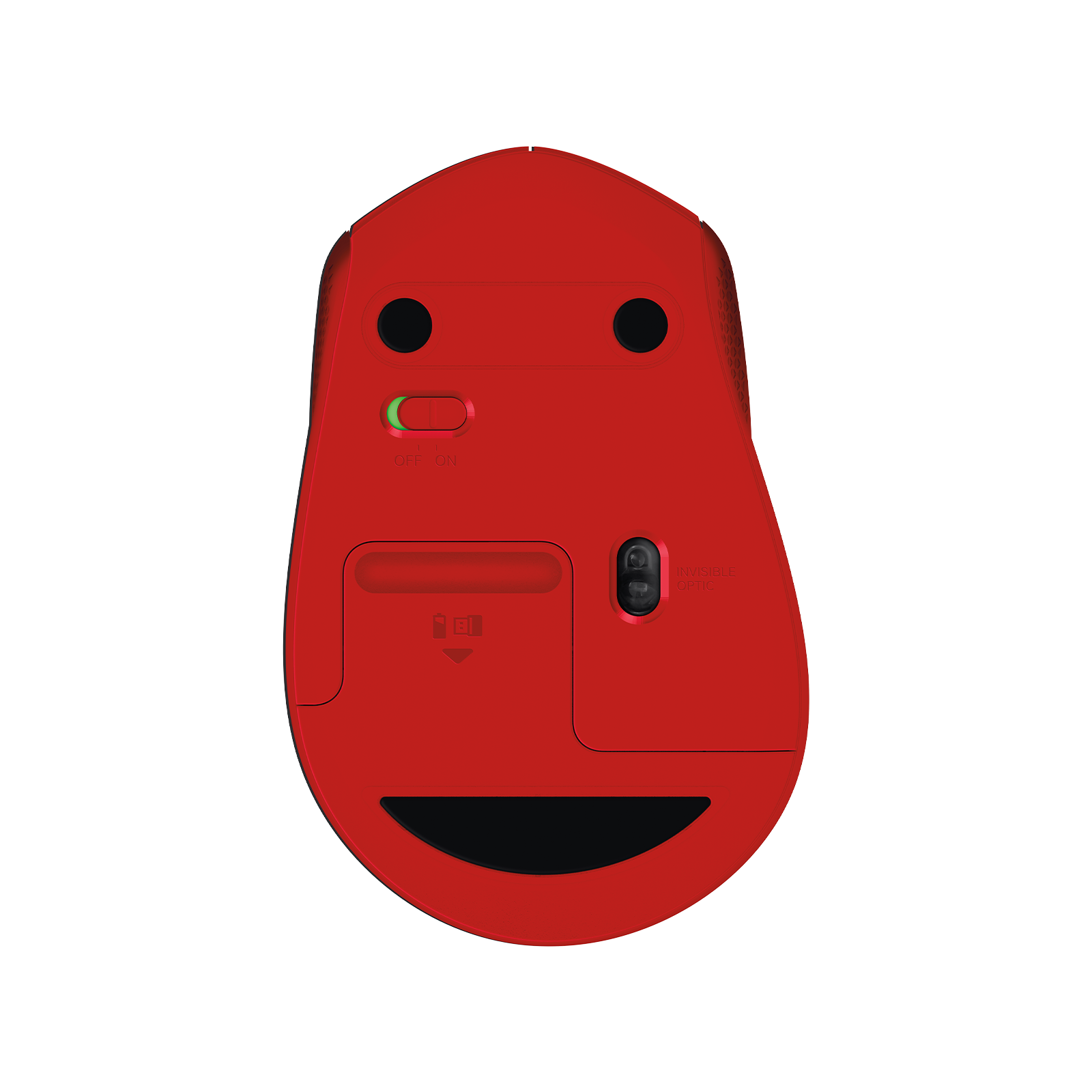 Logitech M330 Silent Plus Red underside with on/off switch and receiver slot