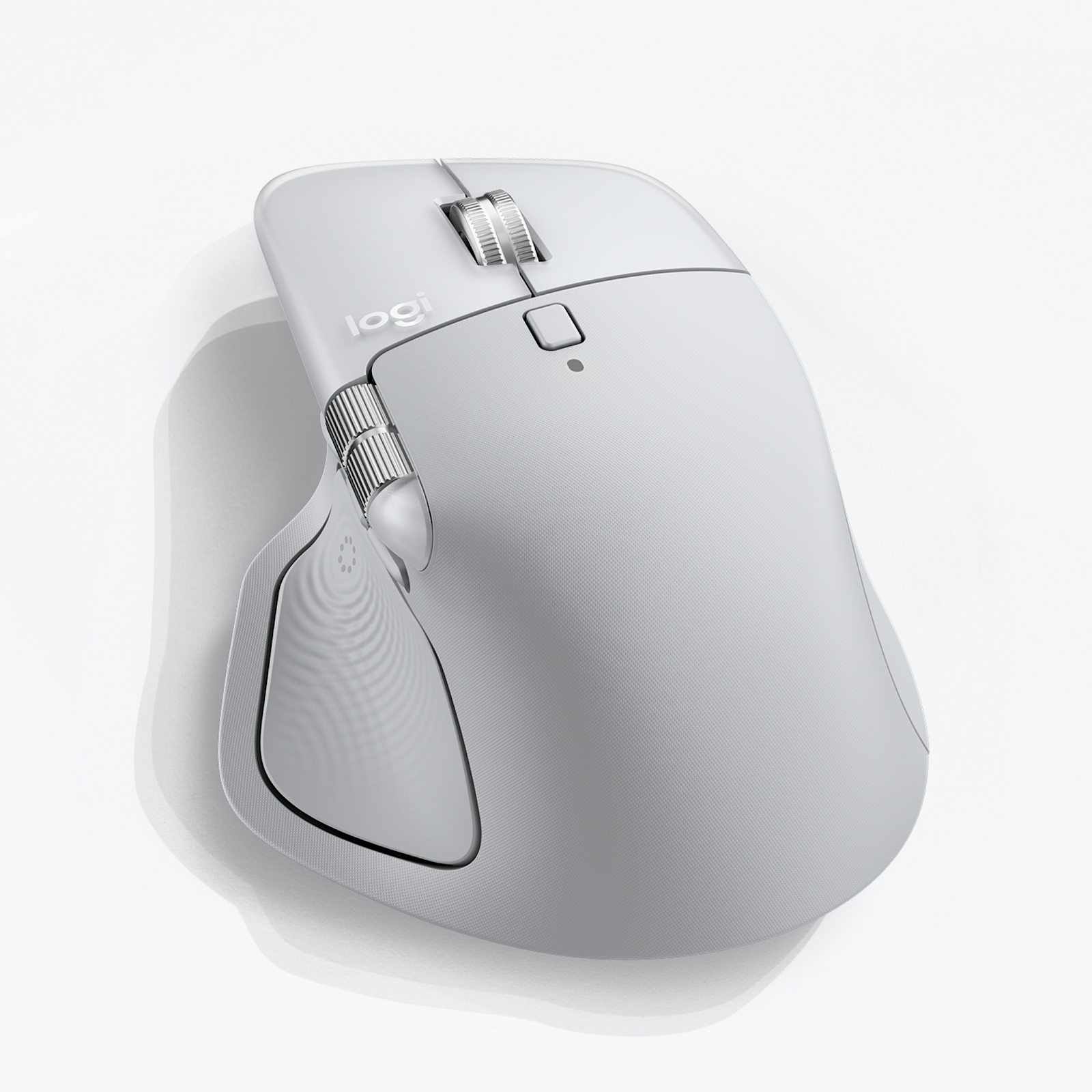 Logitech MX Master 4 for Mac White Silver close-up of thumb wheel and haptic sense panel