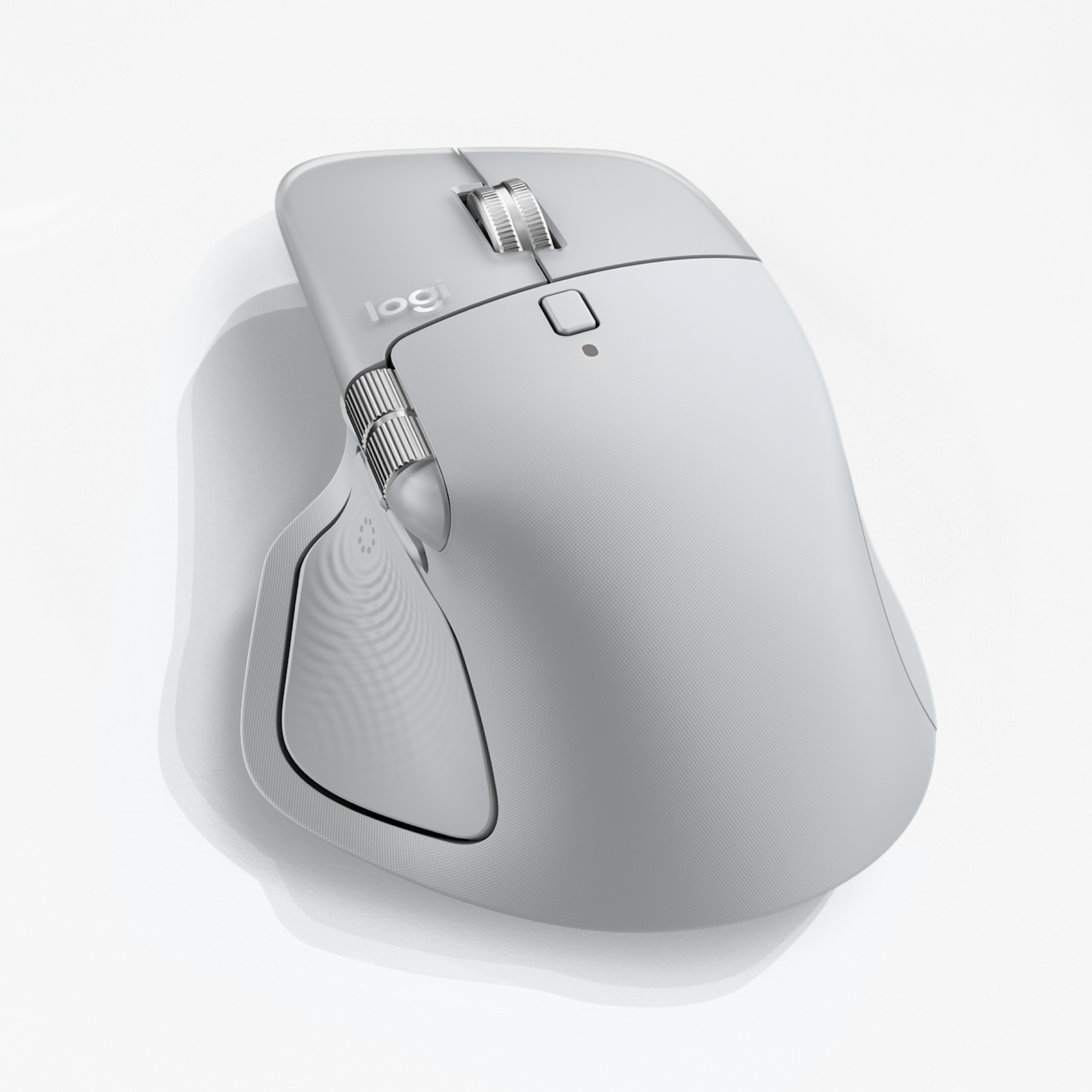 Logitech MX Master 4 wireless mouse Pale Grey close-up of thumb wheel and haptic sense panel