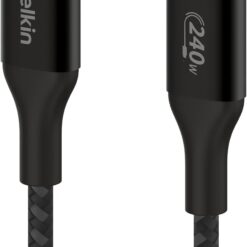 Belkin BoostCharge USB-C to USB-C cable 240W 1m black close-up of braided cable and connectors