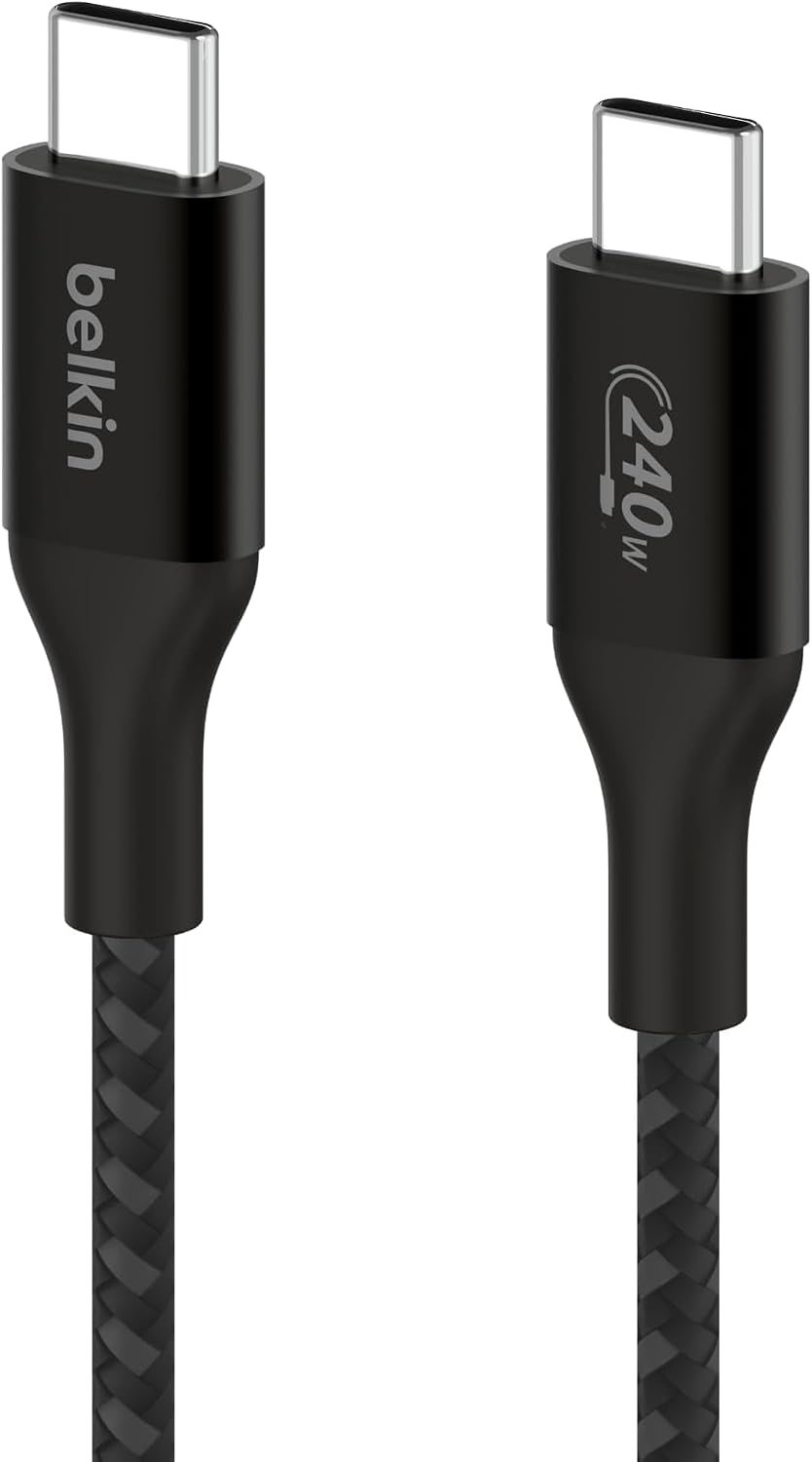 Belkin BoostCharge USB-C to USB-C cable 240W 1m black close-up of braided cable and connectors