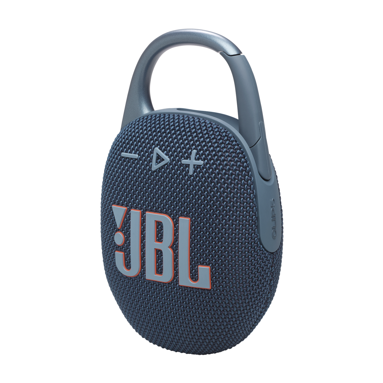JBL Clip 5 Blue portable Bluetooth speaker three-quarter view
