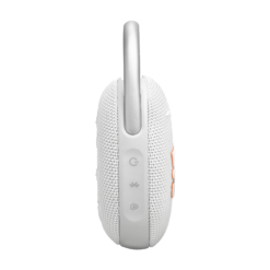JBL Clip 5 White portable Bluetooth speaker side view