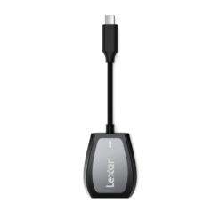 Lexar Professional USB-C Dual-Slot Reader front view with built-in USB-C cable