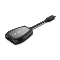 Lexar Professional USB-C Dual-Slot Reader angled view showing SD and microSD slots