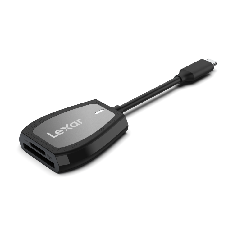 Lexar Professional USB-C Dual-Slot Reader angled view showing SD and microSD slots
