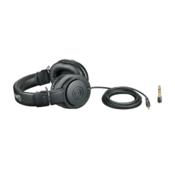 Audio-Technica ATH-M20x black monitor headphones folded with 3m cable and 6.3mm adapter