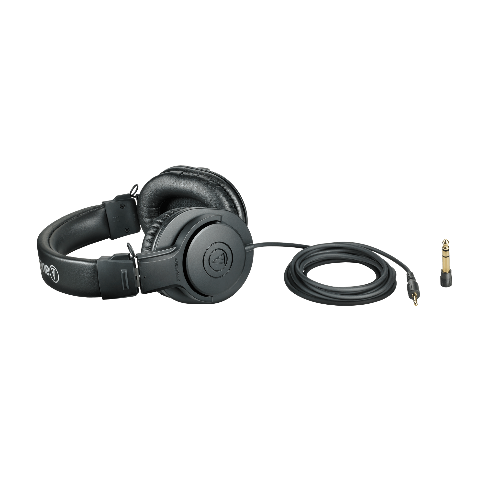 Audio-Technica ATH-M20x black monitor headphones folded with 3m cable and 6.3mm adapter