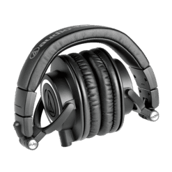 Audio-Technica ATH-M50x black studio headphones folded flat for travel