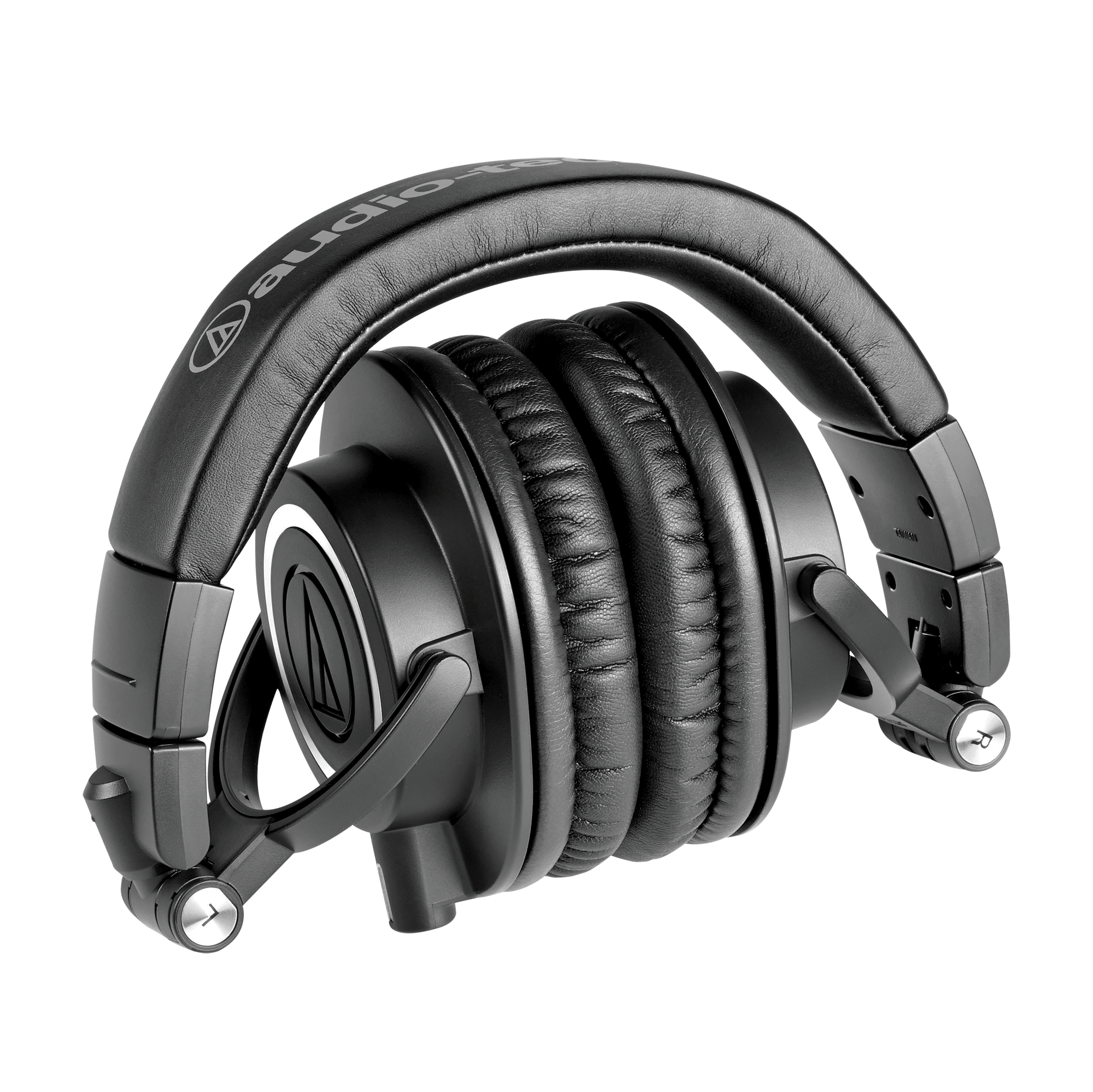 Audio-Technica ATH-M50x black studio headphones folded flat for travel