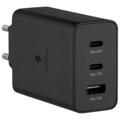 Samsung 65W Trio EU plug three-quarter view with USB-C and USB-A ports