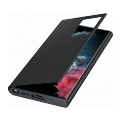 Samsung Galaxy S22 Ultra Smart Clear View Cover Black with cover open showing the screen