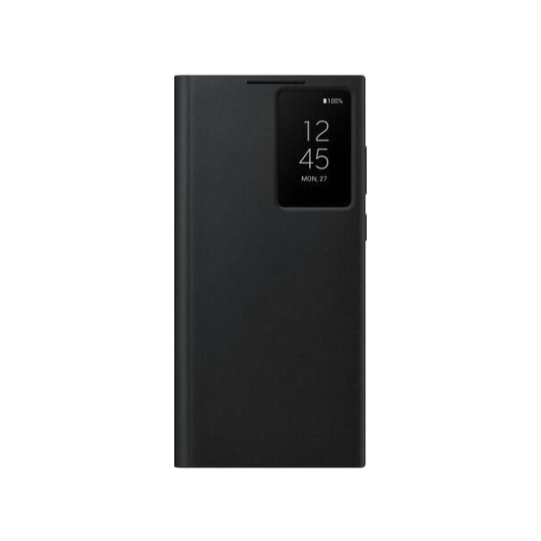Samsung Galaxy S22 Ultra Smart Clear View Cover Black closed with clear window showing the time