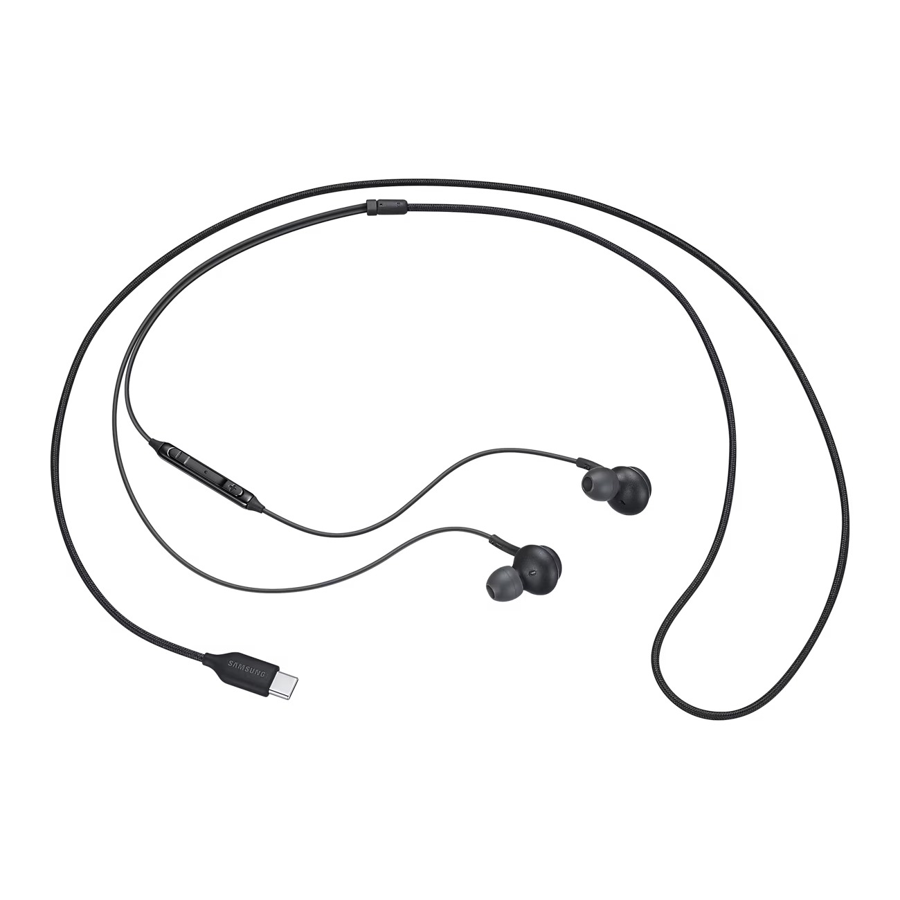Samsung Type-C Earphones tuned by AKG black full view with USB-C cable