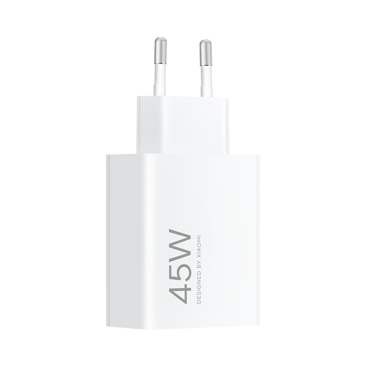 Xiaomi 45W Type-A charger EU two-pin plug, angled view